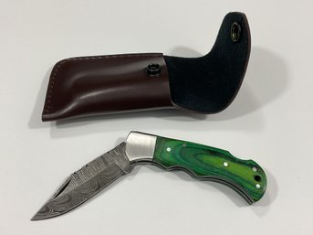 New Damascus Folding Knife W/ Sheath