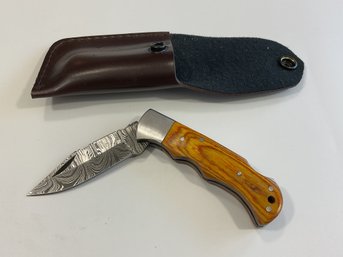 New Damascus Folding Knife W/ Sheath