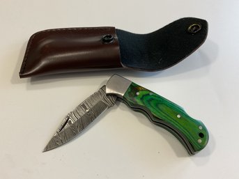 New Damascus Folding Knife W/ Sheath