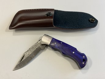 New Damascus Folding Knife W/ Sheath