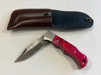 New Damascus Folding Knife W/ Sheath