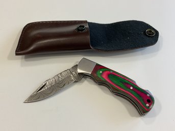New Damascus Folding Knife W/ Sheath