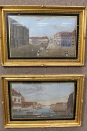 Pair Of Gouache Paintings With Venetian Scenes With Reversed Painted Frames