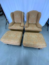 Pair Of Custom Chippendale Armchairs With Matching Ottomans