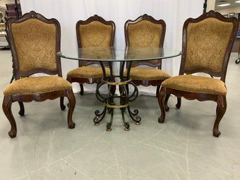 Ornate Glass Top Table With 4 Chippendale Style Upholstered Chairs