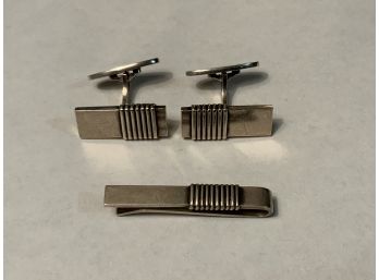 Georg Jensen Denmark Sterling 3 Piece Cuff Link And Tie Clip Set
