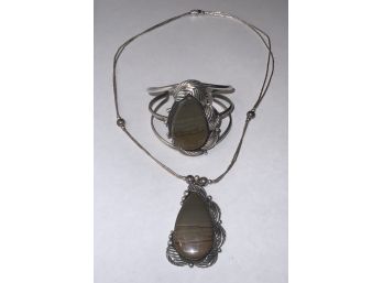 Two Piece Signed Dave Scott? Navajo Sterling Silver Pendant And Cuff Bracelet