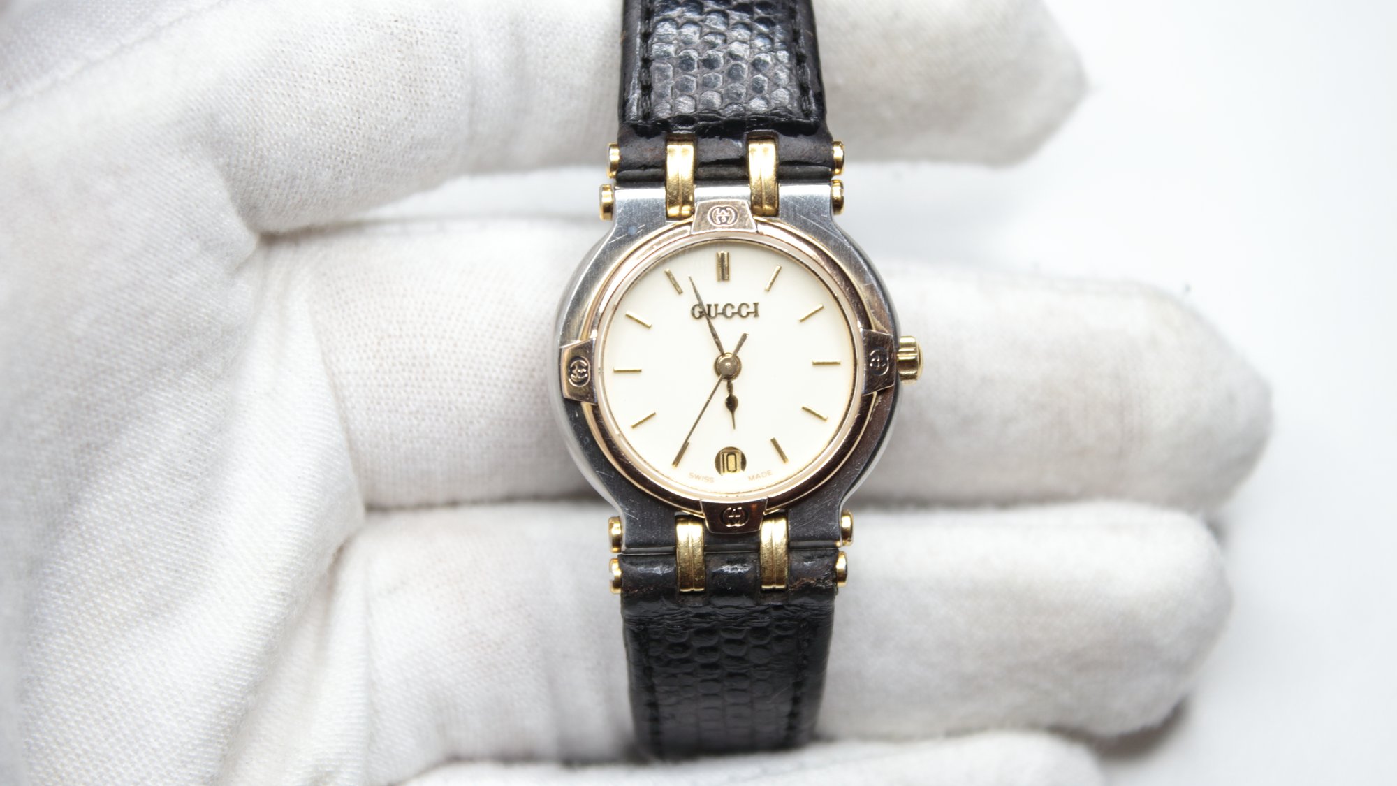 Vintage GUCCI 9000M Ivory Dial Quartz Watch SWISS Black 