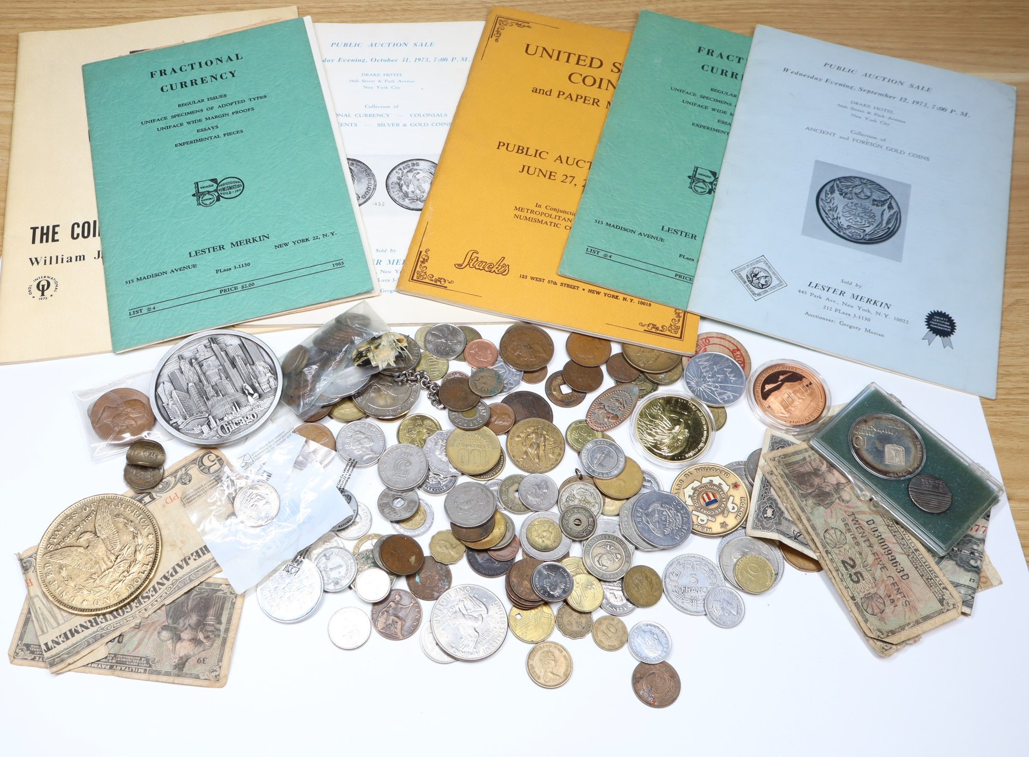 Lot Of Mixed Metal Coins, Old Bills, Public Auction Sale Pamphlets, And ...
