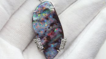 OPAL PENDANT IN PLATINUM WITH 21.38ctw,  12.1 GRAMS DIAMONDS NATURAL AUSTRALIAN BOULDER DIAMOND NECKLACE