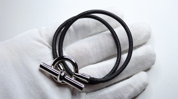 Authentic HERMES Glenan Black Silver Leather Hardware Bracelet
