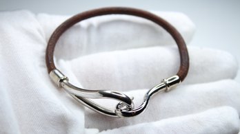 HERMES Brown Leather Silver Jumbo Hook Bracelet Accessories Bangle Vintage Used