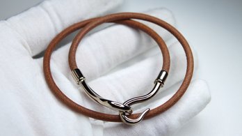 Hermes Jumbo Hook Bracelet Bangle Choker Leather Brown X Gold Unisex Authentic