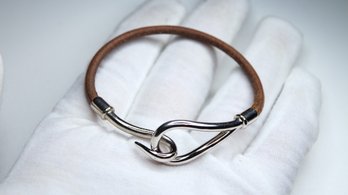 HERMES Logo Jumbo Hook Bracelet Bangle Leather Brown Silver Accessory 09MS504