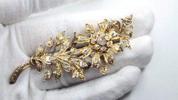 ROSE CUT DIAMOND GOLD TONE BROOCH PIN ANTIQUE VINTAGE FLORAL GEMSTONE FINE JEWELRY