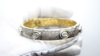 925 STERLING SILVER DIAMOND CUFF BRACELET GOLD WASH  12 CTW OF DIAMONDS  55 GRAMS HEAVY GEMSTONE FINE JEWELRY