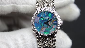 OPAL MOSAIC DIAL WITH DIAMOND BEZEL WALTHAM STERLING SILVER WATCH BRACELET RARE!!!