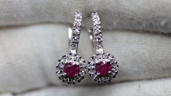 14k WHITE GOLD DIAMOND & RUBY EARRINGS 0.76CTW, 3.75 GRAMS, NATURAL GEMSTONE FINE JEWELRY DIAMONDS
