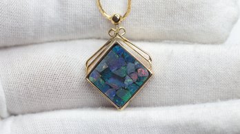 OPAL MOSIAC PENDANT NECKLACE GOLD PLATED AUSTRALIAN BLACK OPAL INLAY