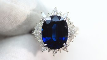 NATURAL SAPPHIRE PLATINUM RING WITH DIAMOND HALO 4.81CTW, 8.81 GRAMS, SIZE 5 FINE JEWELRY GEMSTONE DIAMONDS