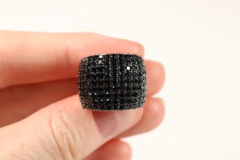 Sterling Silver Black Spinel Wide Band Ring, Size 6