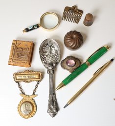 Fancy Smalls Lot ~ Vintage Brass Hair Comb With Bird & Stones Trinket Pill Box Mirror Loop & More