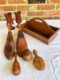 Antique Wooden Cutlery Tray Caddy, Wooden Shoe Stretcher, Sock Darner