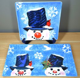 Pair - Certified International Top Hat Snowman Dessert Plates