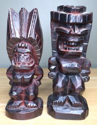 Pair - Carved Wooden Tiki Statues Hawaiian Gods