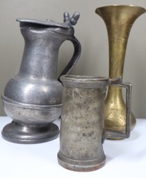 Lot Of Pewter And Brass Pitcher, Cup And Vase