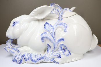 Vintage Italian Majolica Ivory & Blue Rabbit Tureen