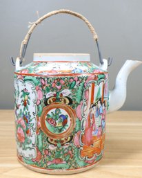 Antique Chinese Famille Rose Medallion Porcelain Teapot People Butterflies