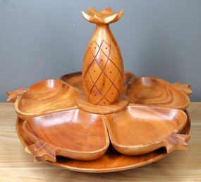 Vintage Monkey Pod Wood Pineapple Lazy Susan Serving Tray