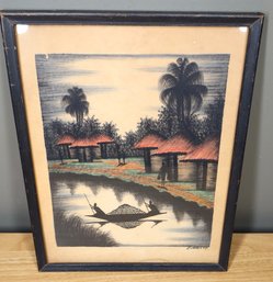 Vintage Signed Sudanese Ink Painting 'Evariste' 1972