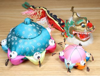 Chinese Items Lot - Pushpin Pin Cushion Trinket Box And Dragon