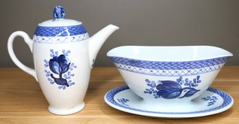 Pair - Royal Copenhagen Tranquebar Blue Coffee Pot And Gravy Boat With Attached Underplate