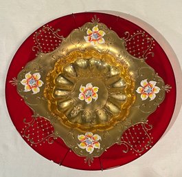 Bohemian Venetian Art Glass Gold Flower Ruby Red Bowl