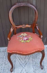 Antique Wood Parlor Chair - Needlepoint Seat Open Balloon Back Carved Victorian