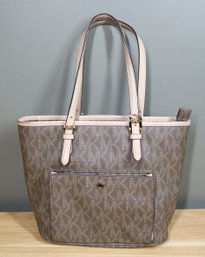 Michael Kors Brown Tan Leather Logo Zip Top Tote Handbag