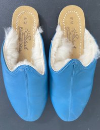Authentic Sabah Baba Blue Leather Shearling Slide On Shoes Mules Size  W 42