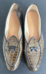 Ladies Belgian Shoes Brown Patent Leather Loafers With Bow Accent Size 9