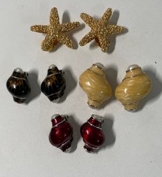 Lot 4 Pair Seashell Shell Starfish Sea Beach Vintage ERWIN PEARL Clip-on Earrings