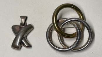 2 Vintage Sterling Silver Jewelry  2 Tone Circle Brooch And X Pendant Necklace Mexico Italy