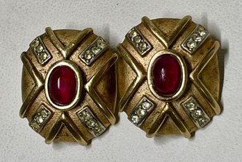 Vintage Lanvin Germany Goldtone Rhinestone Cabachon Clip On Earrings