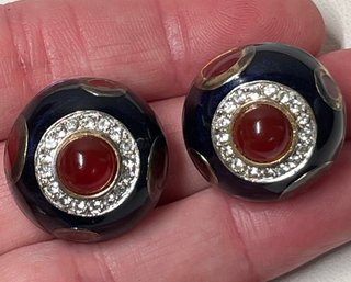 Vintage 925 Sterling Silver Enamel Cabachon Rhinestone Round Clip-On Earrings