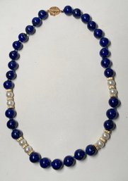 Vintage 14K Yellow Gold Pearl Lapis Lazuli Hand Knotted Bead Necklace 19'