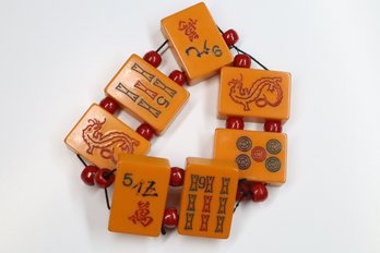 Vintage Bakelite MahJong Tile Bracelet, Butterscotch W Red Bead