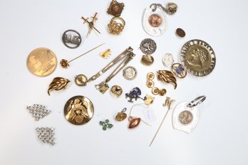 Mixed Lot Of Vintage Costume Jewelry Pins, Rings, Clips, Parts, Pieces