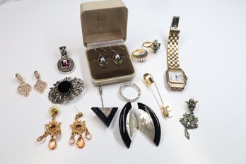 Lot Of Costume Jewelry, Wristwatch, Earrings, Pins Brooches