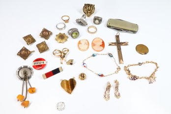 Lot Mixed Small Items Jewelry, Rings, Folding Knife Pins